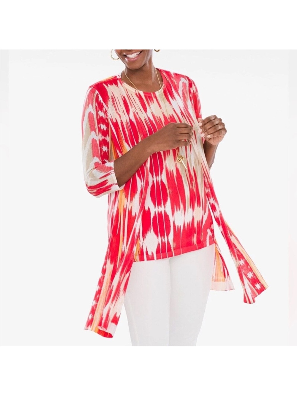 Chico's Red Multicolor Cotton Blend Open-Front Longline Lightweight Cardigan Med
